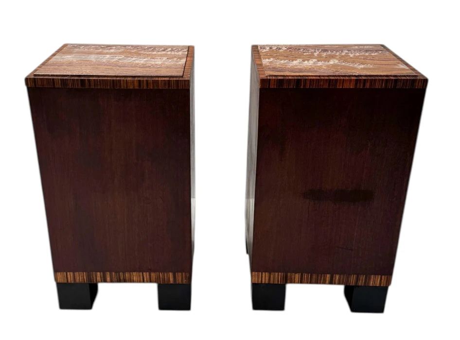 Two Art Deco Nightstands or Bedside Tables with Multi-Colored Marble Tops, 1930s